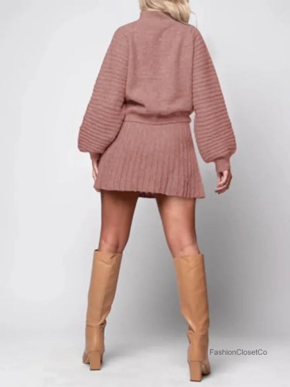 2 Piece Skirt Set Fall Fashion Mock Neck Ribbed Knit Sweater and Mini Skirt Two